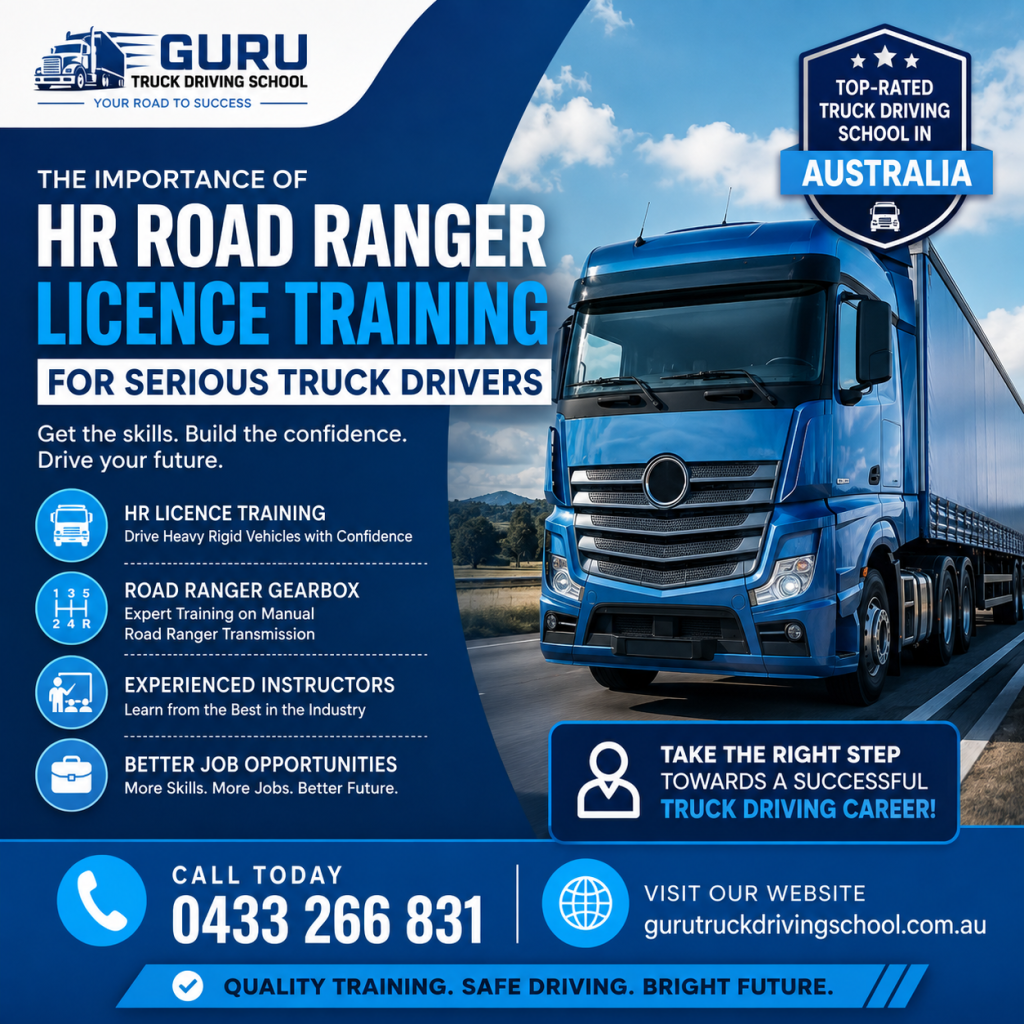 Student learning HR Road Ranger truck driving with Guru Truck Driving School in Australia